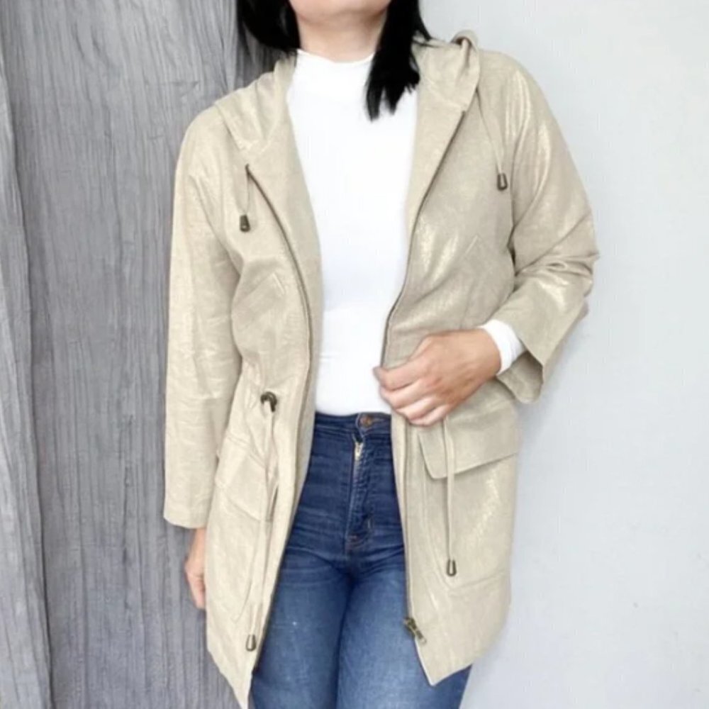 J. Jill Metallic Linen Hooded Utility Jacket Gold Flax Size Small Petite